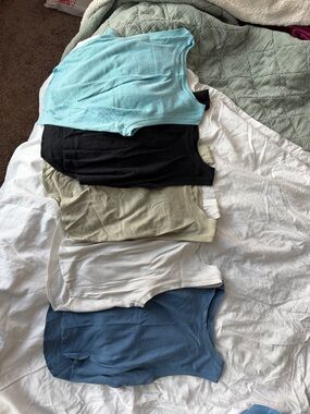 Set of Ribbed Tank Tops in Aqua, Black, Olive, White, and Blue